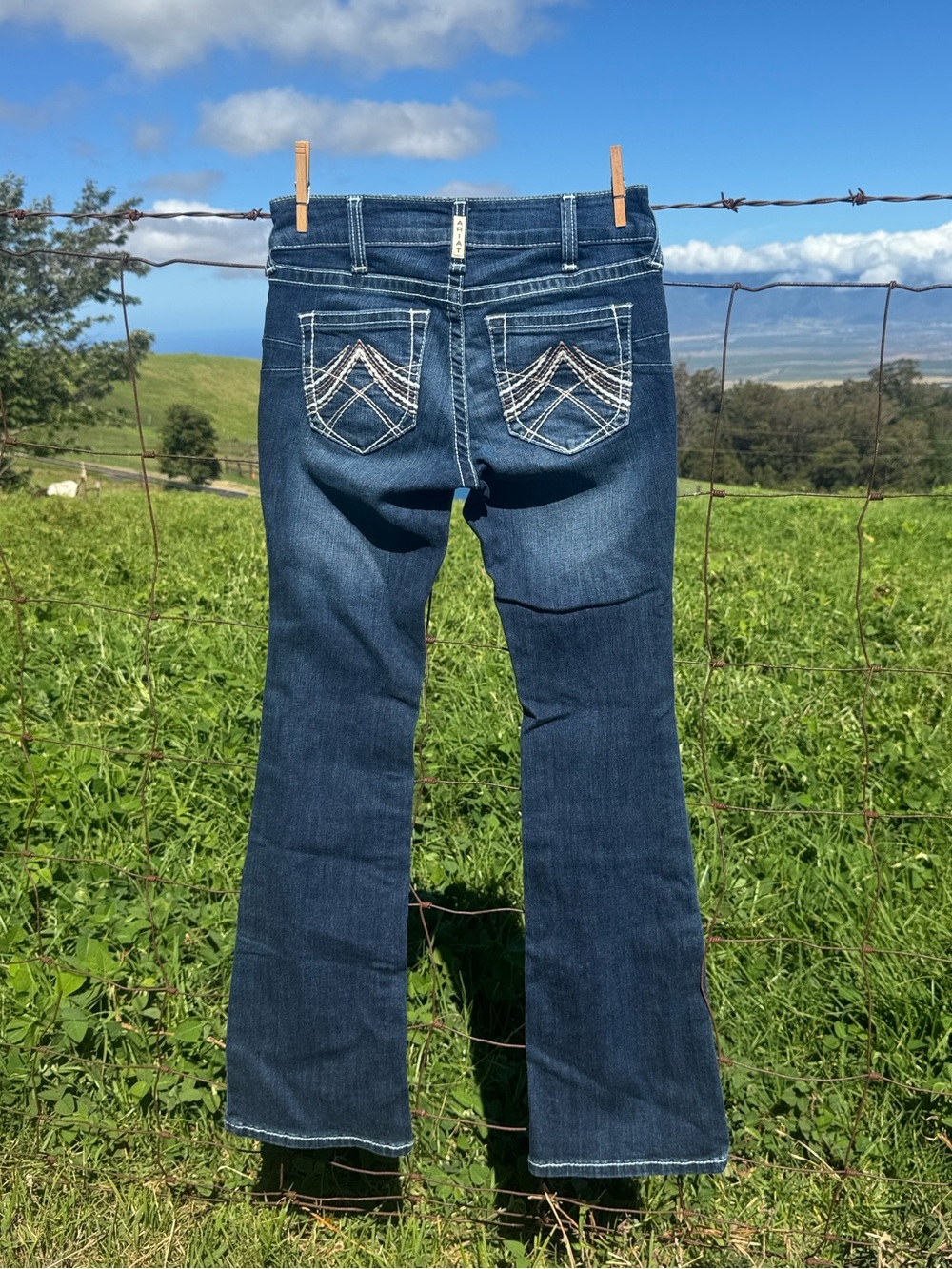 Y2K 90s Ariat Real Low Rise Boot Cut Whipstitch Denim Jeans Strech western 28s